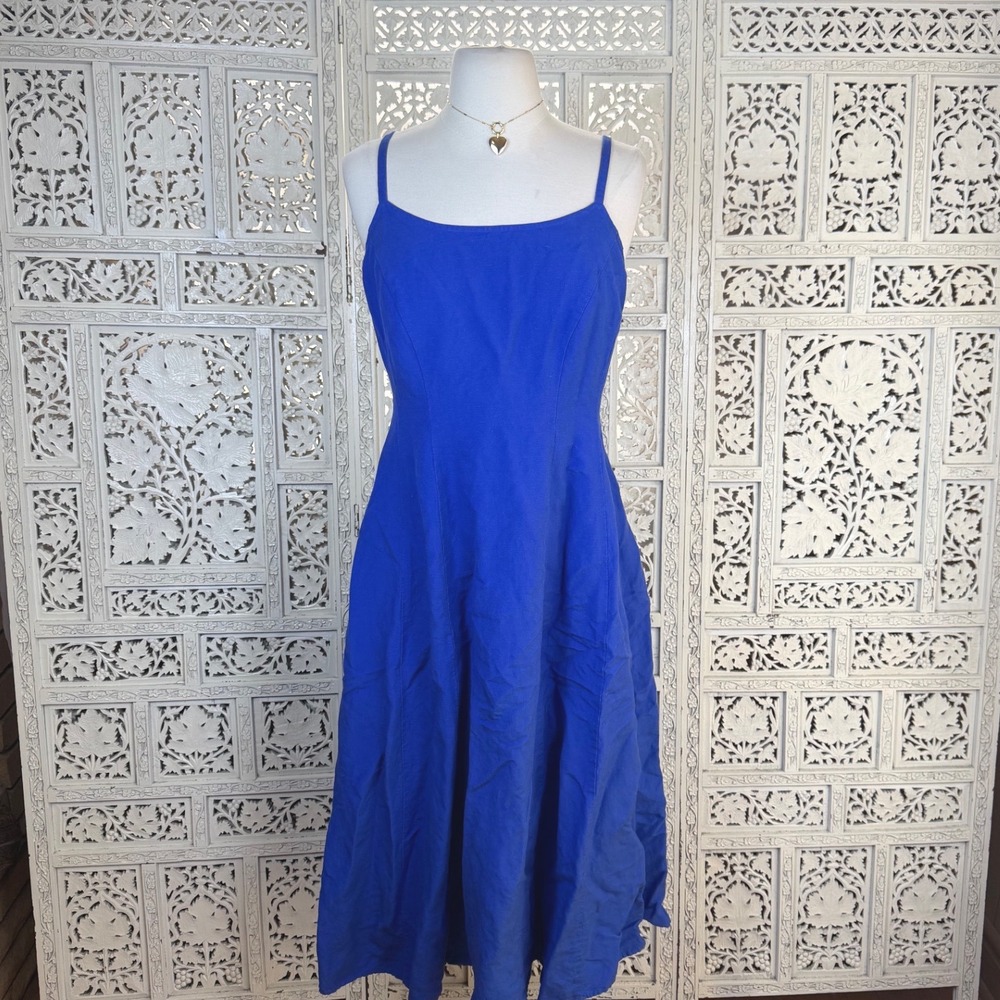 Blue Linen Blend Midi Dress Womens 4 Flowy Beachy Coastal Resort Y2K Retro